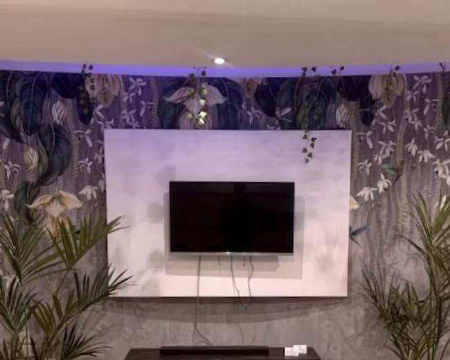 A conference room features a large glass table, black chairs, and a wall-mounted television above a dark wooden console, surrounded by decorative plants.