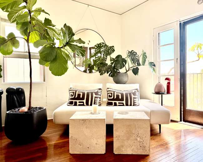The image shows a cozy living room with a white sofa, two stone coffee tables, large indoor plants, and a round mirror reflecting the light from a nearby window.
