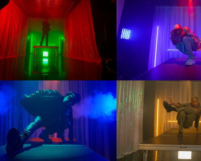 The image features four different scenes of dancers performing in a lit stage environment with colorful background lighting.