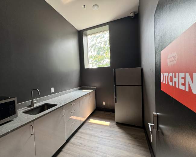The image shows a modern kitchen with a gray countertop, a stainless steel refrigerator, and a microwave against a dark wall, with a window allowing natural light.