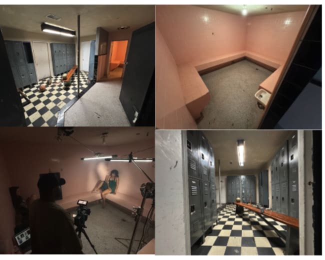 The image features a series of four photos showcasing a retro-styled locker room with pink walls, black-and-white checkered flooring, and metal lockers, along with a filming setup in one of the corners.