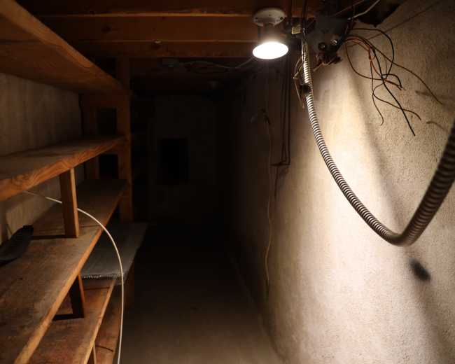 The image shows a dimly lit basement space with concrete walls, wooden shelves on one side, and exposed electrical wires.