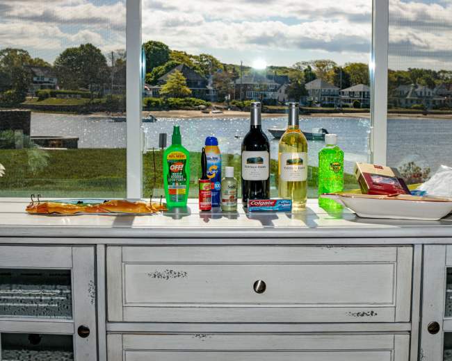 A collection of household items, including insect repellent, multiple bottles of wine, and cleaning supplies, is displayed on a white console table in front of a window overlooking a waterfront view.