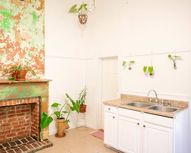 The image shows a rustic kitchen with a worn, colorful fireplace and white cabinetry, featuring plants on the mantle and around the room.