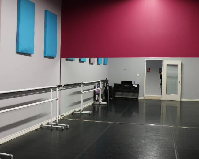 The image shows a ballet studio featuring mirrored walls, a row of ballet barres, and blue panels on a pink wall.