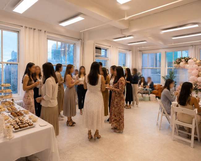 The image shows a elegantly decorated indoor space with people mingling, food tables, and large windows revealing a city skyline.