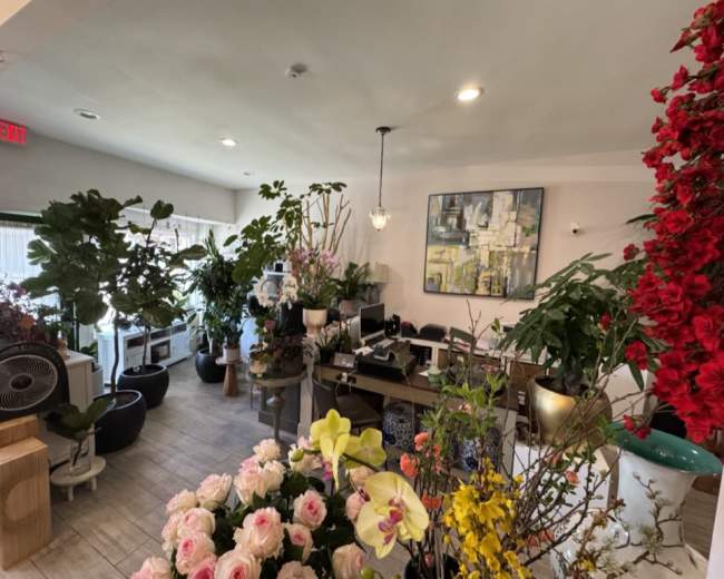 The image shows an interior of a floral shop filled with various plants and flowers, along with a counter and artwork on the wall.