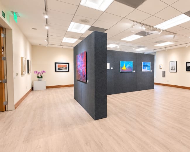 The image shows an art gallery interior featuring several framed artworks displayed on the walls and a central partition with additional pieces.