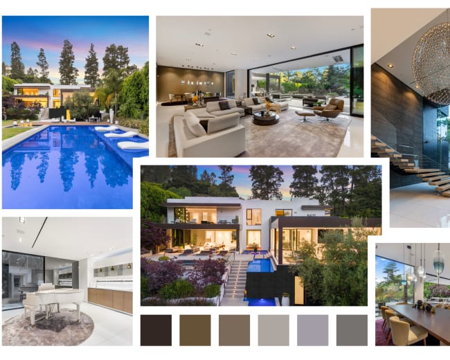 The image showcases various perspectives of a modern luxury home, featuring a spacious interior with elegant furnishings and an outdoor area with a swimming pool and landscaped gardens.