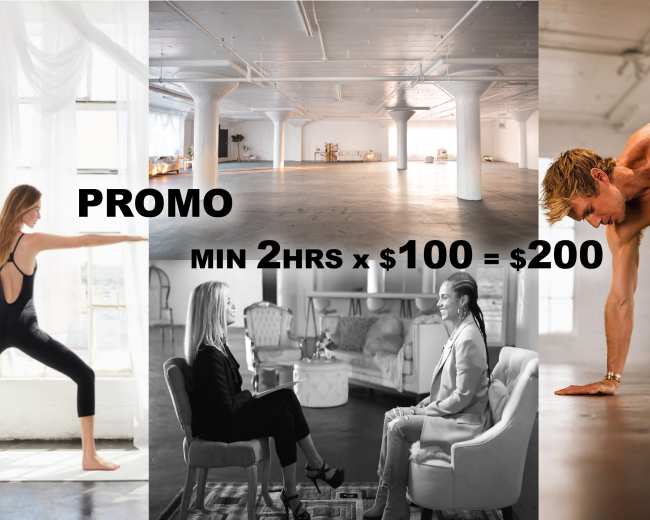 The image features three sections: a dancer performing in a bright studio, a promotional message about a pricing structure displayed on a wall, and two women seated in a stylish living room setting.
