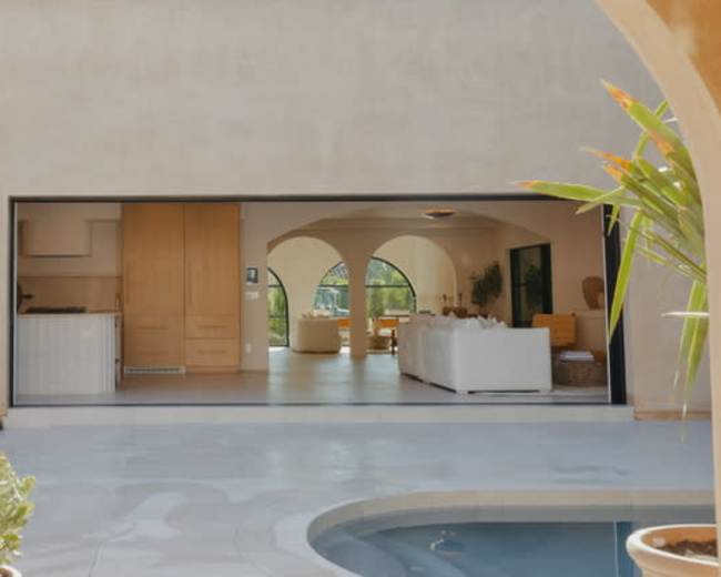 The image shows a modern, open-concept living area with large arches and sliding glass doors opening to a patio and swimming pool.