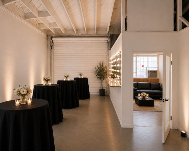 The image shows a modern, minimalist room with tall black tables adorned with floral arrangements and softly lit candles, leading to a cozy lounge area with a sofa in the background.