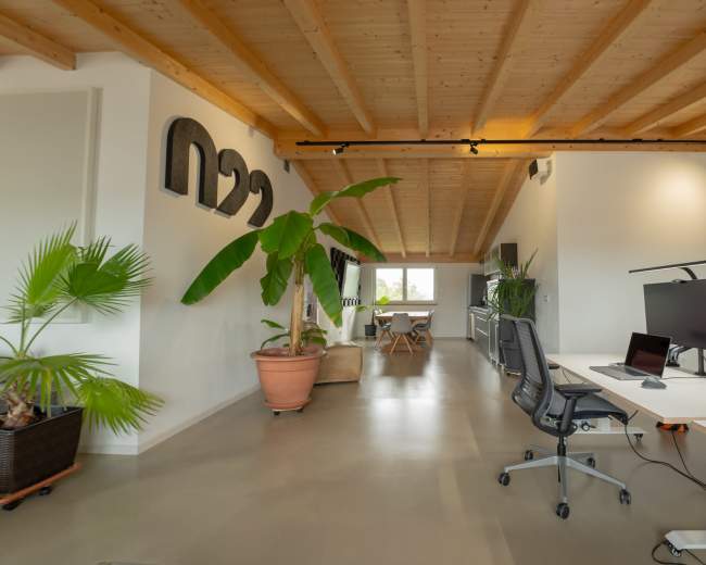 The image shows a modern office space featuring wooden beams, plants, and multiple workstations with computers.