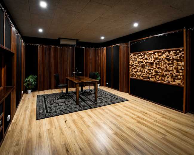 The room features a wooden table and chair on a patterned rug, surrounded by dark paneling and decorative acoustic wall elements.