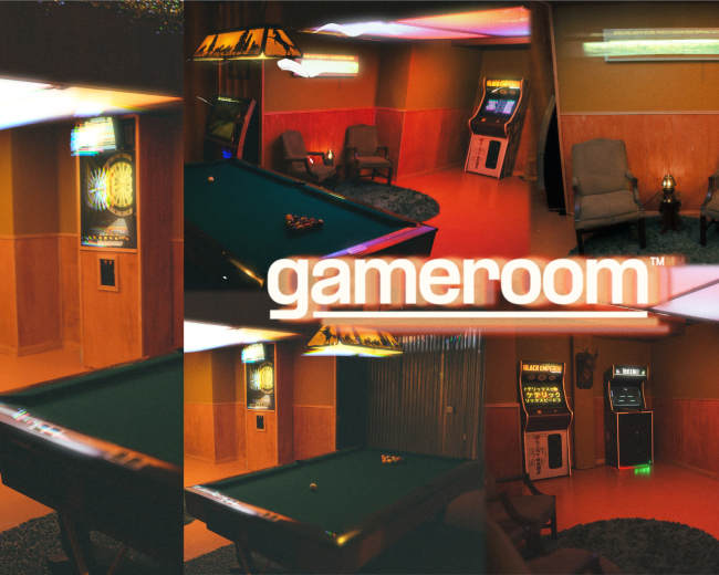 The image features a cozy game room with a pool table, arcade machine, and lounge seating, illuminated in warm tones.
