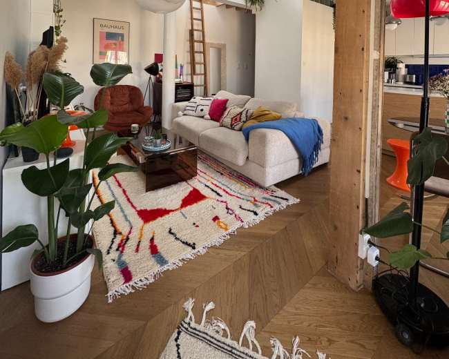 The image shows a modern living room featuring a cozy sofa, a colorful rug, a wooden ladder leading to an upper level, and decorative plants scattered throughout.