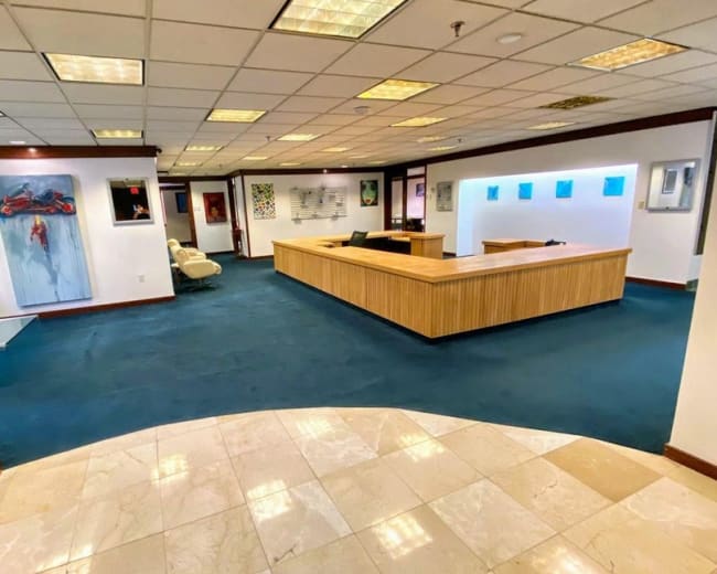 The image shows a spacious office interior with a reception area featuring a wooden desk, artistic wall decorations, and carpeted flooring.