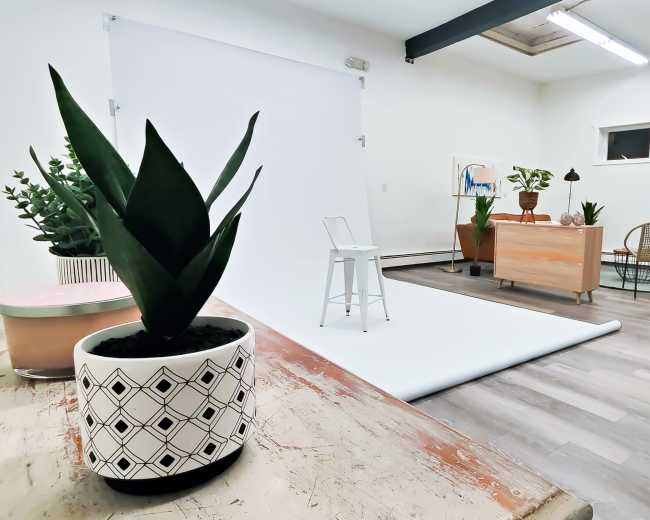 A bright studio space features a white backdrop, a wooden table with a potted plant, and various seating arrangements.