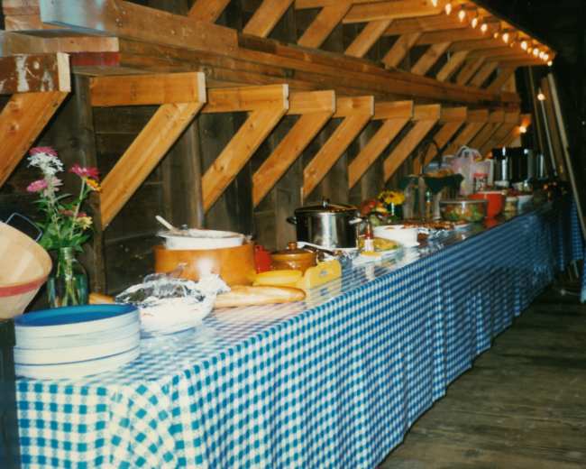 A long table covered with a blue and white checkered cloth displays various food dishes and decorative flowers in a rustic setting.