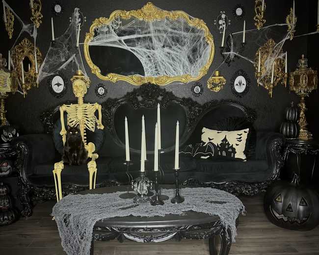 A black and gold living room is decorated for Halloween, featuring a skeleton seated on a sofa, spider webs, and various themed decor items like pumpkins and candles.