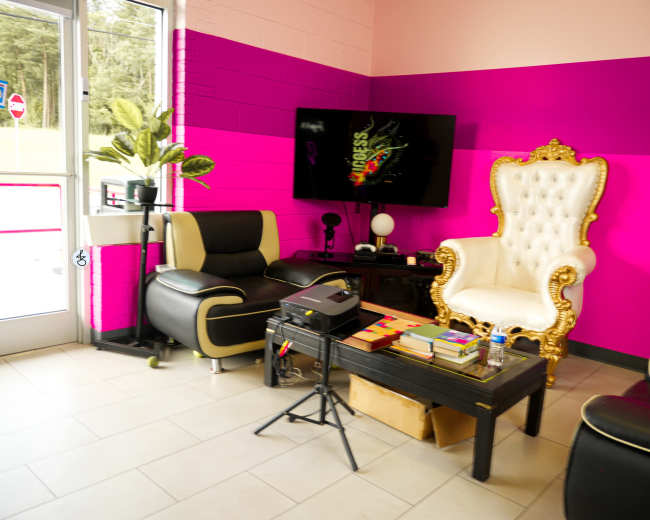 The image shows a brightly colored interior space with pink walls, a luxurious white throne chair, modern black seating, a coffee table with books, and a television mounted on the wall.