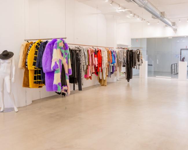 The image shows a modern clothing store interior with a row of colorful fur coats hanging on a rack, alongside a mannequin dressed in a hat.