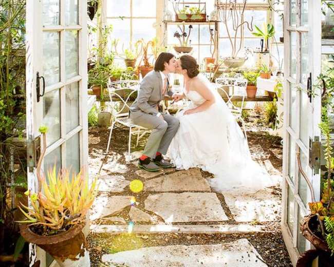 A couple in wedding attire shares a kiss inside a greenhouse filled with plants and natural light.