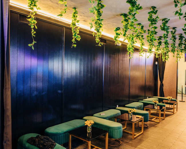 The image shows a modern lounge area with green velvet seating, glass tables, and hanging plants from the ceiling.