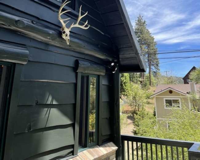 A black wooden house features a mounted deer skull with antlers on the exterior, surrounded by trees and other houses beneath a blue sky.