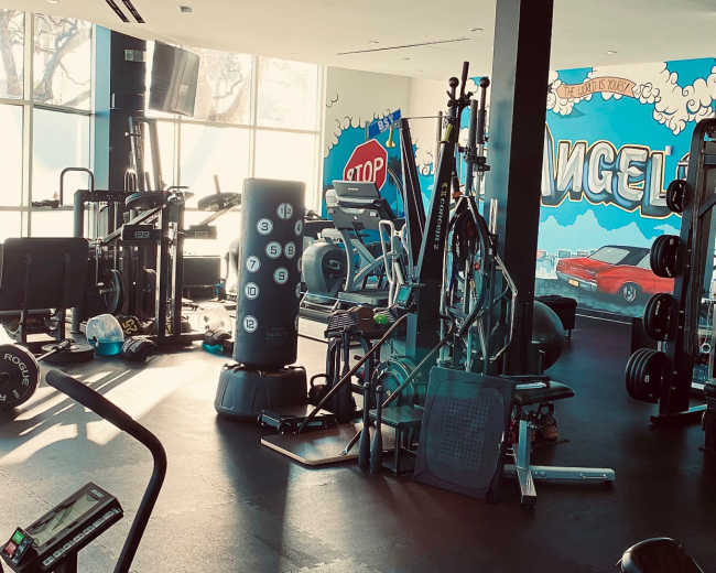 The image shows a well-equipped gym interior featuring various fitness machines, weights, and a colorful mural on the wall.