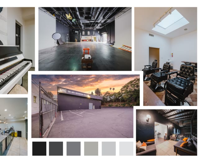 The image showcases a collage of various interior and exterior scenes, including a performance space with a stage, a cozy café kitchen, a parking area with a mural, and sitting areas featuring vintage furniture.