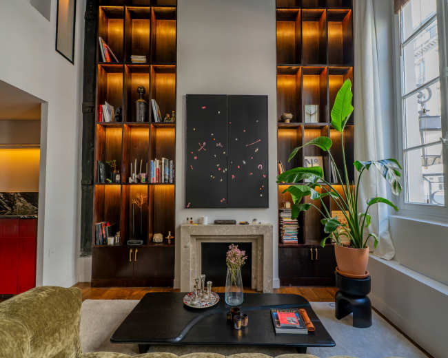 The image shows a modern living room featuring a dark wood bookshelf filled with books and decor, a black abstract painting above a fireplace, a potted plant, and a coffee table with various items on it.