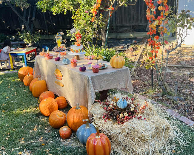 A decorated outdoor table with a variety of pumpkins, a cake, and autumn decorations is set up under a leafy arch.