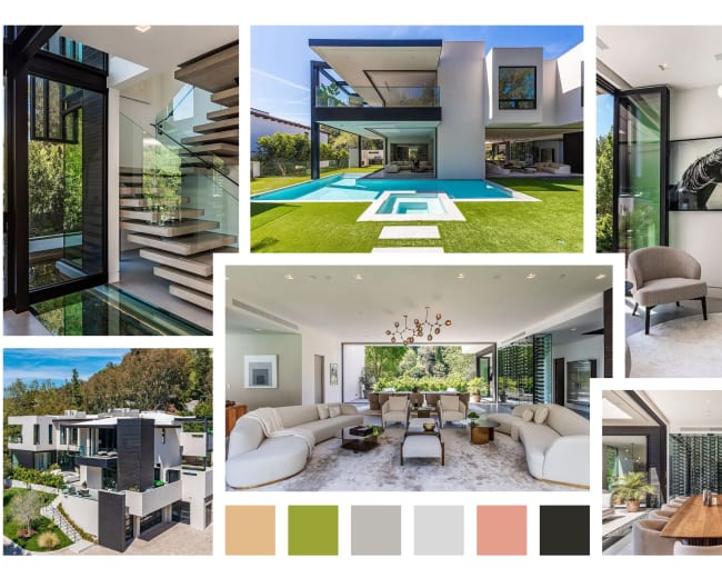 The image showcases a modern luxury home with large glass windows, an open interior design, and a central pool surrounded by a landscaped yard.