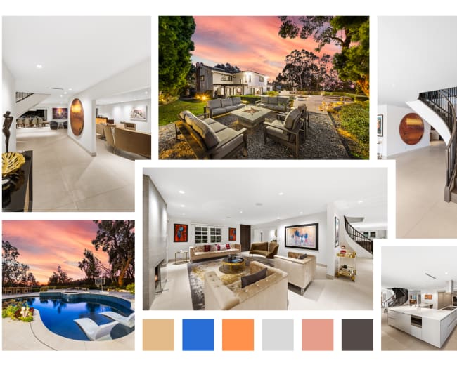 The image showcases a luxurious modern home featuring an outdoor patio, swimming pool, and spacious interior with a staircase, dining area, and living room, all under a sunset sky.