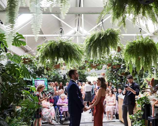 A couple stands holding hands under hanging ferns in a lush greenhouse filled with guests seated behind them.