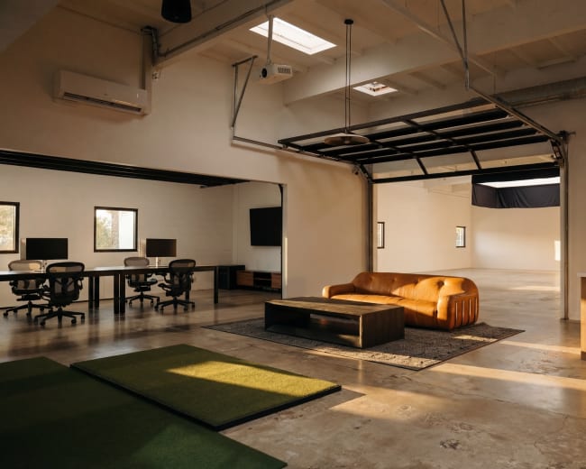 The image features a modern, open-concept workspace with a brown couch, a coffee table, and two desks equipped with computer monitors.