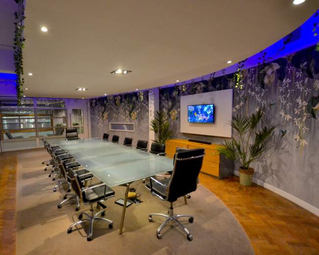 A modern conference room features a large glass table surrounded by black chairs, with a television on the wall and decorative plants in the corners.