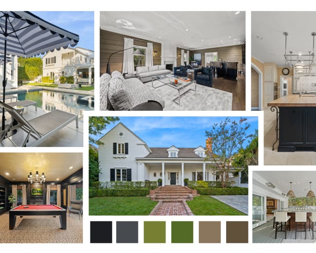 The image features a collage of various interior and exterior views of a luxury home, including a pool area, living room, kitchen, game room, and front facade.