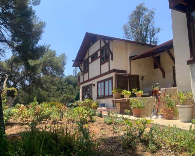 A two-story house with a wooden trim is surrounded by a garden filled with various potted plants and shrubs.