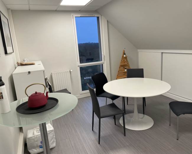 The image shows a modern, minimalist meeting room with two tables, several chairs, and a small decorative tree in the corner.