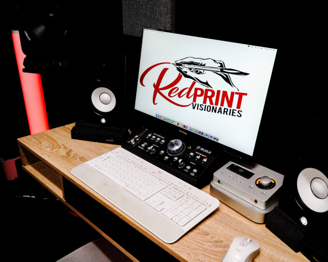 A computer monitor displaying the logo "RedPrint Visionaries" is positioned on a wooden desk alongside audio equipment and a keyboard.