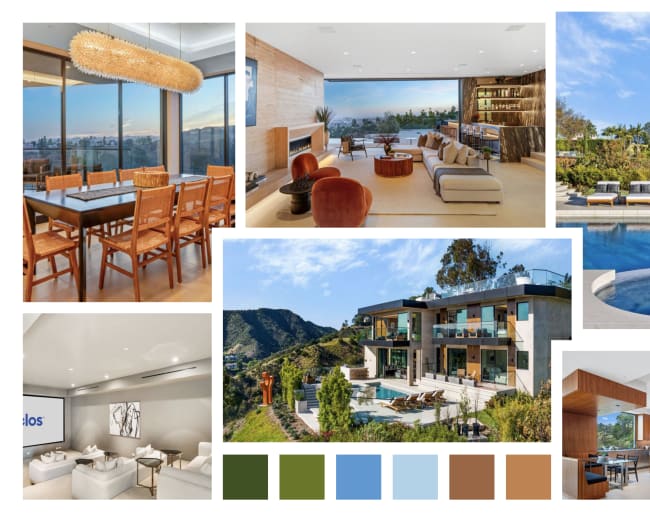 The image displays a collage of modern interior and exterior spaces, featuring a dining area, a living room with a scenic view, an outdoor pool, and a sleek kitchen, all showcasing contemporary design elements.