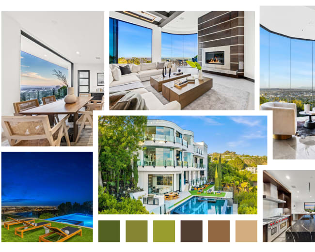 The image showcases a modern luxury home featuring spacious indoor and outdoor living areas, large glass windows with a scenic view, and a well-manicured poolside landscape.