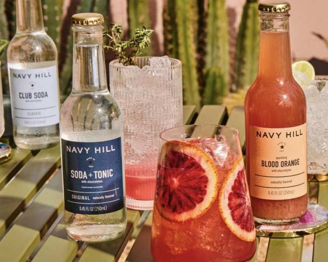 Various beverages, including bottles of club soda and soda tonic along with a glass of blood orange drink, set against a backdrop of cacti on a tabletop.