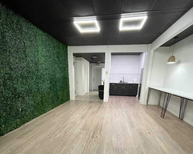 The image shows a spacious room with a green plant wall on one side, a kitchen area in the back, and light-colored wood flooring throughout.
