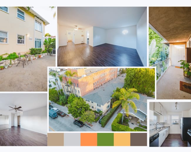The image collage showcases different areas of a multi-unit residential property, including a living area, kitchen, outdoor spaces, and aerial views of the surrounding area.