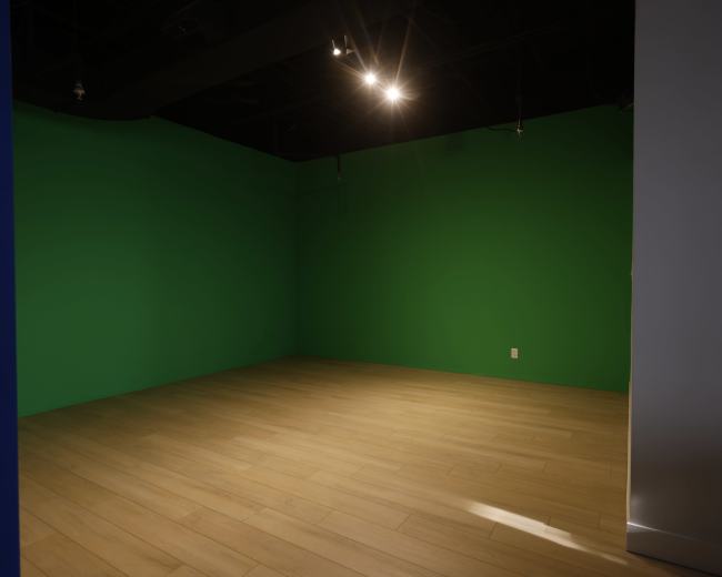 The image shows a spacious room with a green wall and wooden flooring, illuminated by overhead lights.