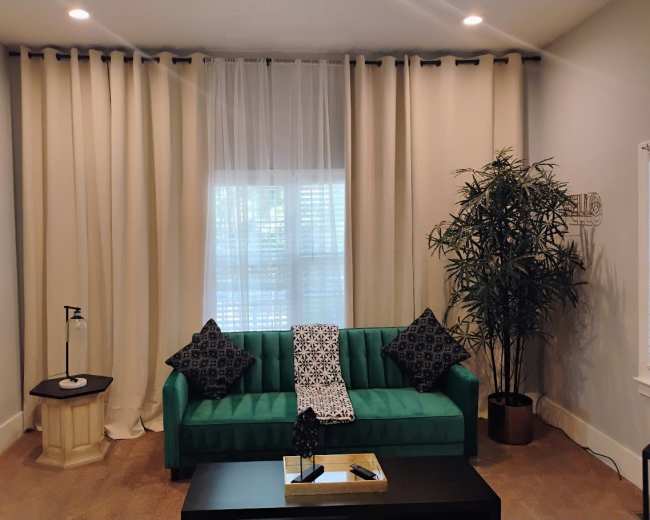 The image shows a living room with a green couch adorned with black-patterned pillows, a small side table, and a potted plant beside a large window covered with sheer and solid curtains.