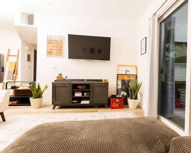 A modern living room featuring a large television mounted on a white wall, a dark wooden cabinet beneath it, and plants in light-colored pots near a window.